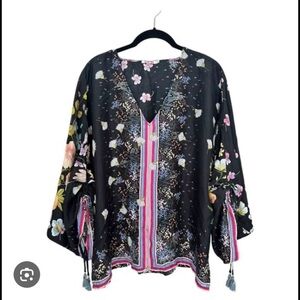 Women’s Black Floral V-Neck Silk Boho Top